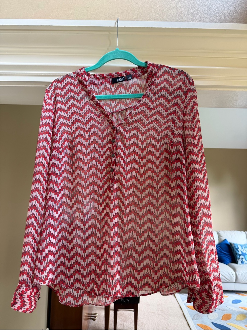 a.n.a Red Chevron Sheer Long-Sleeve Blouse